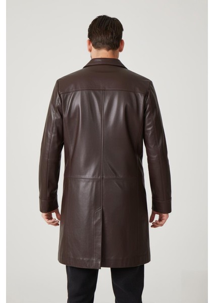 Kahve Tarkan Düğmeli Astarlı Trençkot Erkek Hakiki Deri Kaban modelleri