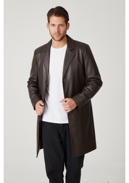 Kahve Tarkan Düğmeli Astarlı Trençkot Erkek Hakiki Deri Kaban fırsatları