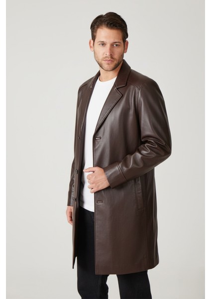 Kahve Tarkan Düğmeli Astarlı Trençkot Erkek Hakiki Deri Kaban indirimleri