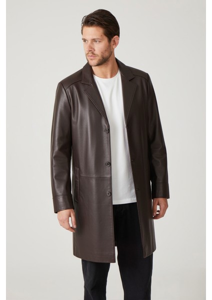 Kahve Tarkan Düğmeli Astarlı Trençkot Erkek Hakiki Deri Kaban