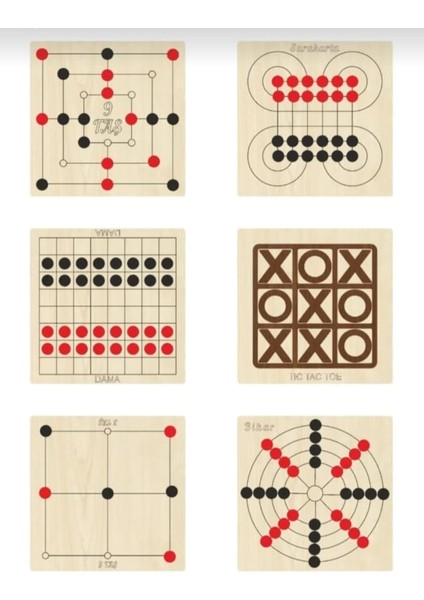 Ahşap Zeka ve Strateji Oyunu Seti 6 Lı, Dama+3 Taş+9 Taş + Bihar + Surakarta ve Tic-Tac-Toe