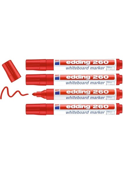 260 Beyaz Yazı Tahtası Kalemi, Kırmızı, 4'lü Set, Yuvarlak Uç 1,5-3 mm