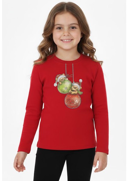 Kız Çocuk Bluz Ayıcık Baskılı Noellik Kışlık Şardonlu