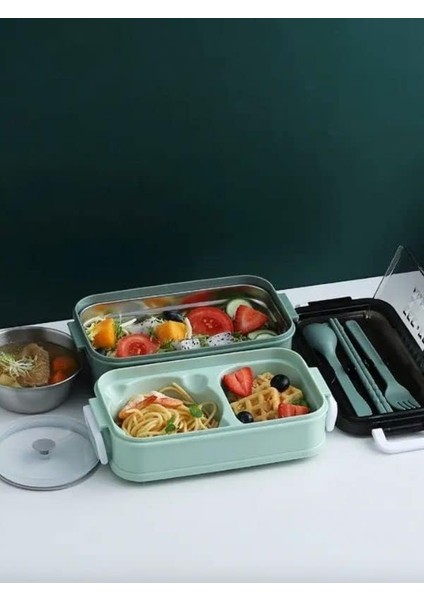 Village Concept Lunch Box, 1400 ml 3 Katlı Beslenme Kutusu, Çatal Bıçak Takımı, Yemek Kutusu, Yemek Kutusu, Bulaşık Makinesinde Yıkanabilir, Mikrodalga Fırına Dayanıklı, Iş ve Okul Için, Beslenme Kutusu (Yeşil)