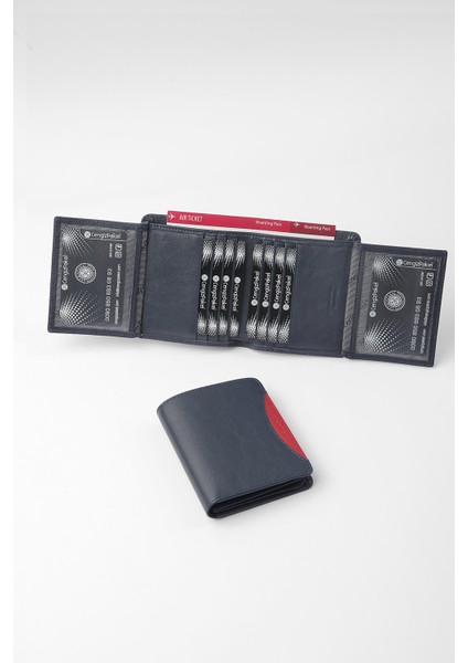 Hakiki Deri Erkek Cüzdan -13660 - Lacivert/Kırmızı