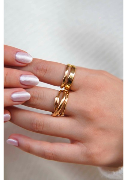 Altın Çift Halka ve Zincir Görünümlü Kadın Yüzük Seti