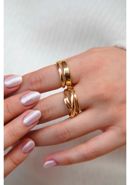 Altın Çift Halka ve Zincir Görünümlü Kadın Yüzük Seti fiyatları