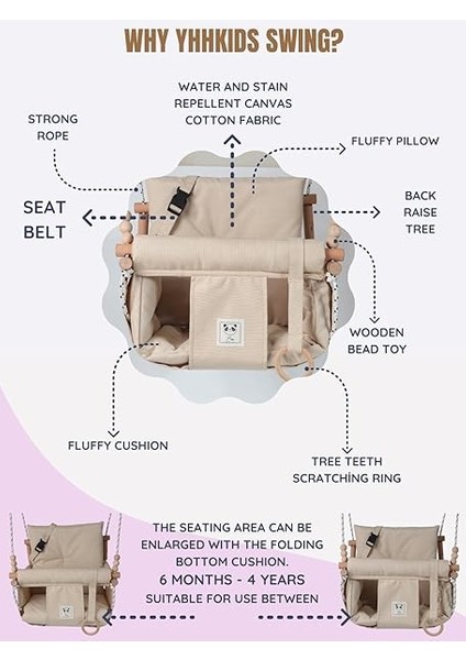Kids Bebek Salıncağı Iç Mekan Dış Mekan Küçük Çocuk Salıncak Emniyet Kemerli Ahşap Bebek Asılı Salıncak (Bej modelleri