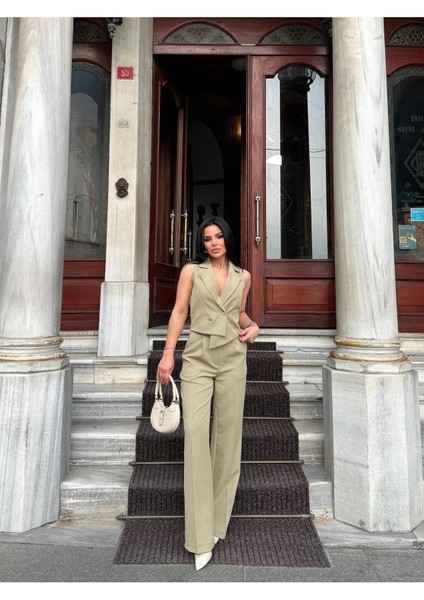 Kadın Asimetrik Kesim Yelek Palazzo Pantolon Takım Elbise