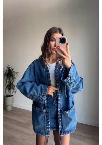 Mavi Kuş Gözü Detaylı Denim Etek Ceket Takım