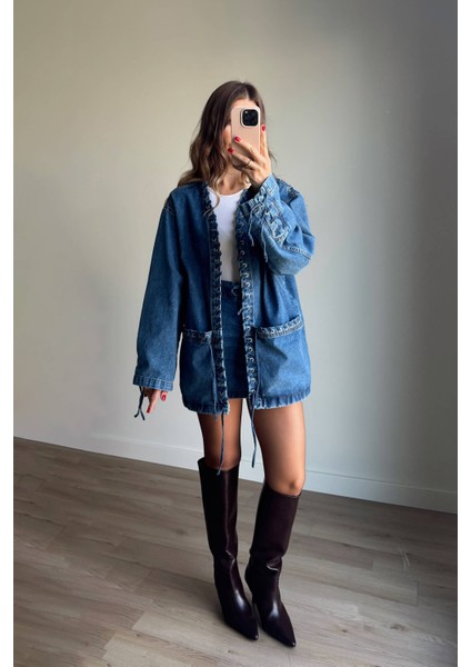 Mavi Kuş Gözü Detaylı Denim Etek Ceket Takım fiyatları