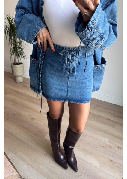 Mavi Kuş Gözü Detaylı Denim Etek Ceket Takım modelleri