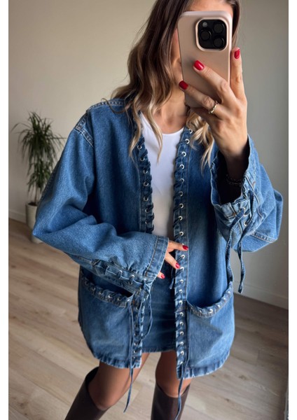 Mavi Kuş Gözü Detaylı Denim Etek Ceket Takım fırsatları