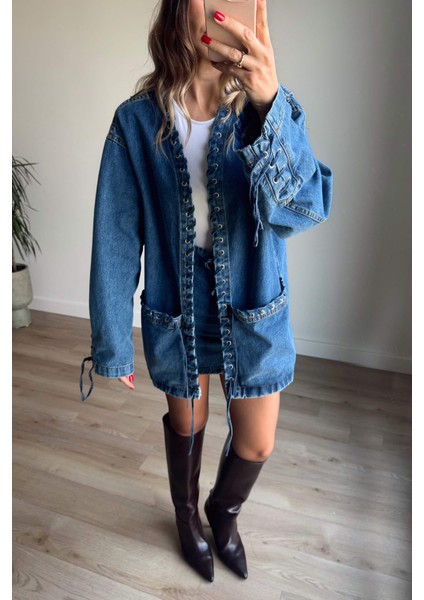 Mavi Kuş Gözü Detaylı Denim Etek Ceket Takım indirimleri