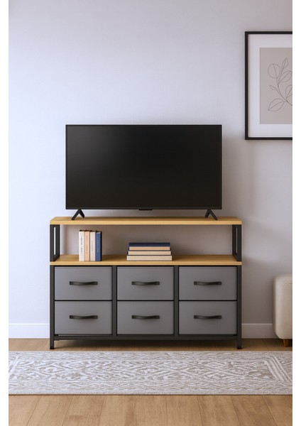 2 Raflı 6 Çekmeceli Tv Sehpası Deri Çekmeceli Tv Ünitesi Kitaplıklı Tv Sehpası