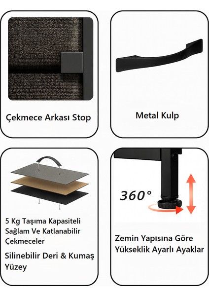 2 Raflı 6 Çekmeceli Tv Sehpası Deri Çekmeceli Tv Ünitesi Kitaplıklı Tv Sehpası