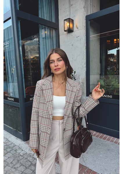 Bej Kırmızı Ekoseli Astarlı Ceket