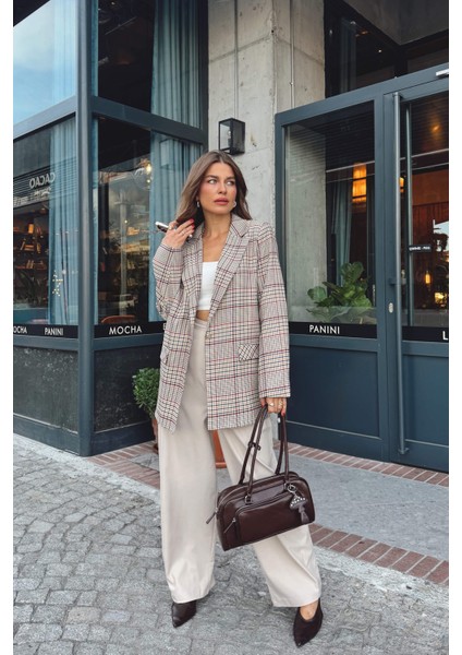 Bej Kırmızı Ekoseli Astarlı Ceket indirimleri