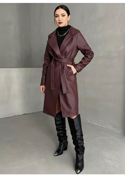 Kuşaklı Astarlı Deri Uzun Trenç Pardesü