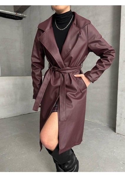 Kuşaklı Astarlı Deri Uzun Trenç Pardesü fiyatları