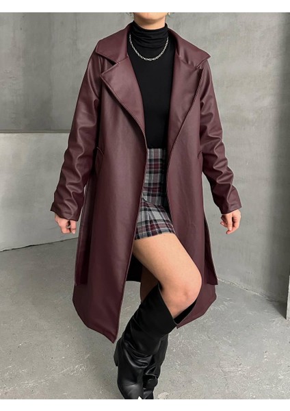 Kuşaklı Astarlı Deri Uzun Trenç Pardesü modelleri