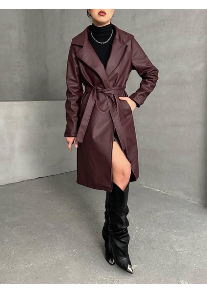 Kuşaklı Astarlı Deri Uzun Trenç Pardesü fırsatları