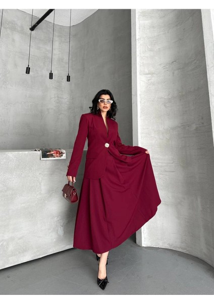 Kadın Gold Kurabiye Düğmeli Blazer Ceket Etek Takım Elbise