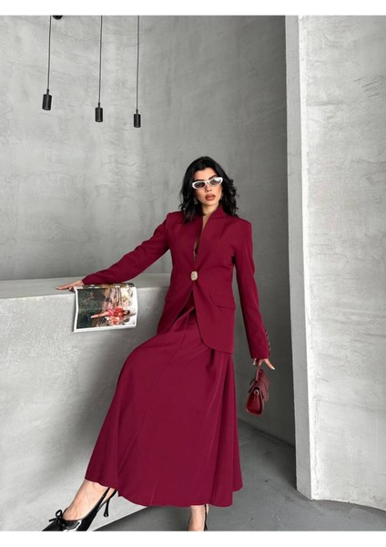 Kadın Gold Kurabiye Düğmeli Blazer Ceket Etek Takım Elbise fiyatları