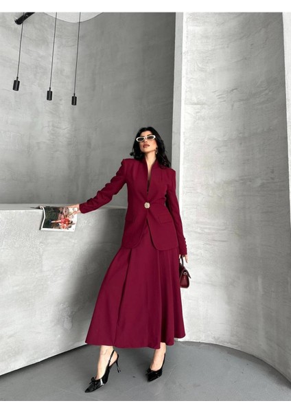 Kadın Gold Kurabiye Düğmeli Blazer Ceket Etek Takım Elbise indirimleri