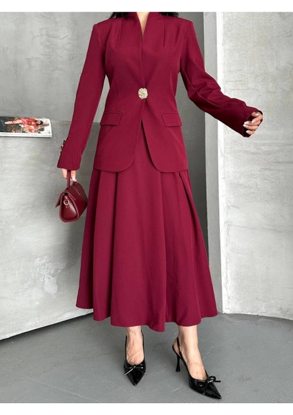 Kadın Gold Kurabiye Düğmeli Blazer Ceket Etek Takım Elbise