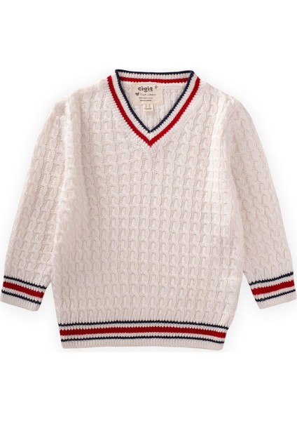Saç Örgü V Yaka Kazak 2-9 Yaş Ekru