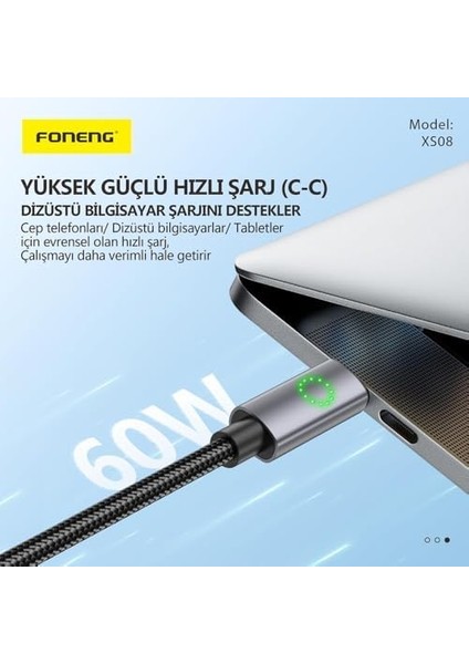 XS08 60W LED Işıklı Type-C To Type-C Şarj ve Kablosu Ip Örgülü 1,2m modelleri