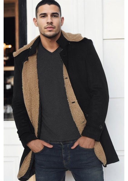 PLT9399 Dewberry Süet Görünümlü Erkek Palto-Siyah