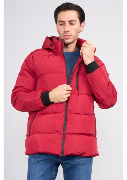 FM-500 Kırmızı Erkek Kapüşonlu Icı Kurklu Sısme Mont