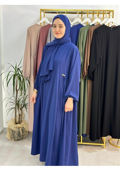 Şallı ,tesettür Yandan Büzgülü Elbise Takım ( Hac ve Umre Için Uygundur) Indigo Renk modelleri
