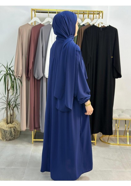 Şallı ,tesettür Yandan Büzgülü Elbise Takım ( Hac ve Umre Için Uygundur) Indigo Renk fırsatları