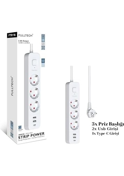 Akım Korumalı Priz, 3x Priz Girişi, 2x USB Girişi, 1x Type-C Girişi, Çocuk Korumalı Priz Çoğaltıcı modelleri
