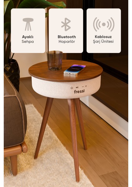 Bluetooth Hoparlör Hızlı Şarj Destekli Ahşap Ayaklı Kablolu Sehpa Speaker FR-SH2502 Nature