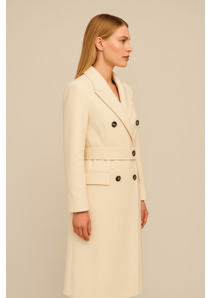 Krem Düğme Detaylı Kuşaklı Uzun Kaban fiyatları