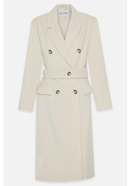 Krem Düğme Detaylı Kuşaklı Uzun Kaban fırsatları