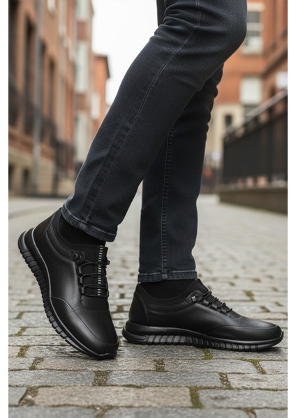 Siyah Hakiki Deri Bağcıklı Erkek Günlük Ayakkabı Ayakmod 316 M