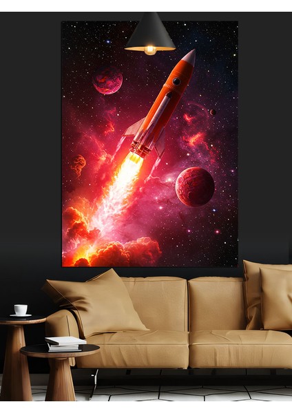 Kırmızı ve Mor Renklerde Uzay Patlaması Roketleri Dekoratif Kanvas - Mdf Ahşap Tablo