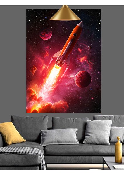 Kırmızı ve Mor Renklerde Uzay Patlaması Roketleri Dekoratif Kanvas - Mdf Ahşap Tablo fiyatları