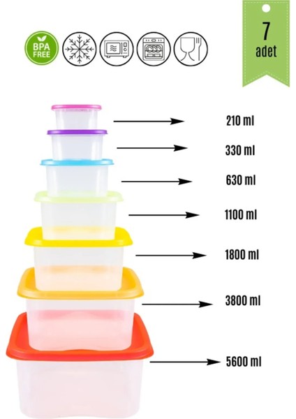 7'li Rainbow Erzak ve Yiyecek Saklama Kabı Seti Kare Deepfreeze ve Mikrodalga Kullanımına Uygun fiyatları