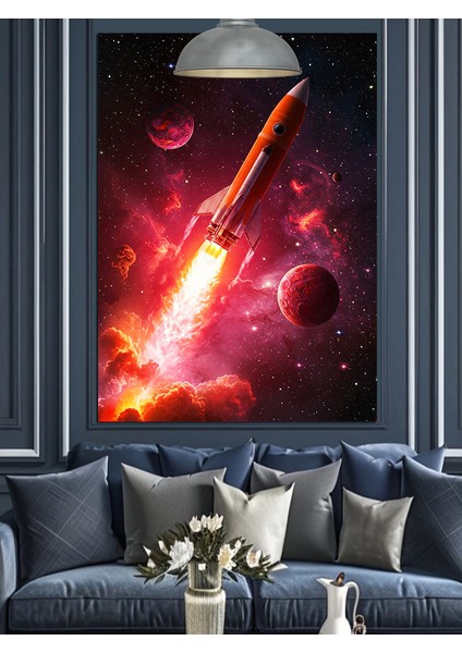Kırmızı ve Mor Renklerde Uzay Patlaması Roketleri Dekoratif Kanvas - Mdf Ahşap Tablo modelleri