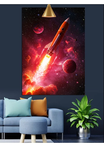 Kırmızı ve Mor Renklerde Uzay Patlaması Roketleri Dekoratif Kanvas - Mdf Ahşap Tablo indirimleri