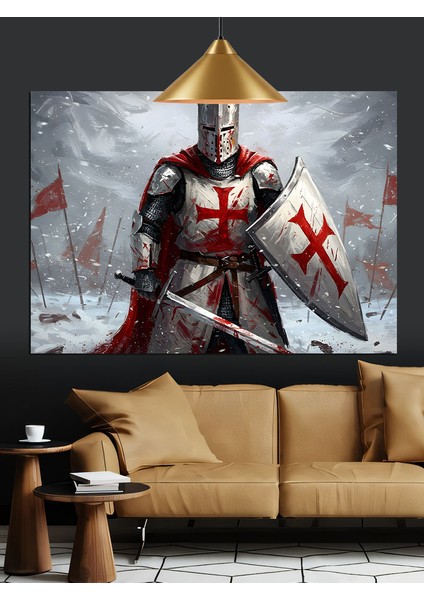 Zırhlı Kırmızı Haçlı Şövalye Dekoratif Kanvas - Mdf Ahşap Tablo