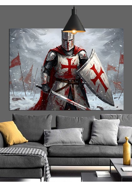 Zırhlı Kırmızı Haçlı Şövalye Dekoratif Kanvas - Mdf Ahşap Tablo fiyatları