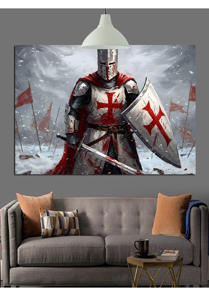 Zırhlı Kırmızı Haçlı Şövalye Dekoratif Kanvas - Mdf Ahşap Tablo modelleri