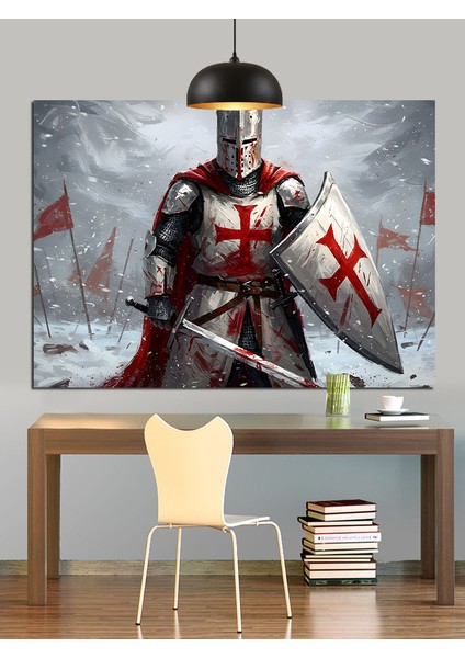 Zırhlı Kırmızı Haçlı Şövalye Dekoratif Kanvas - Mdf Ahşap Tablo fırsatları